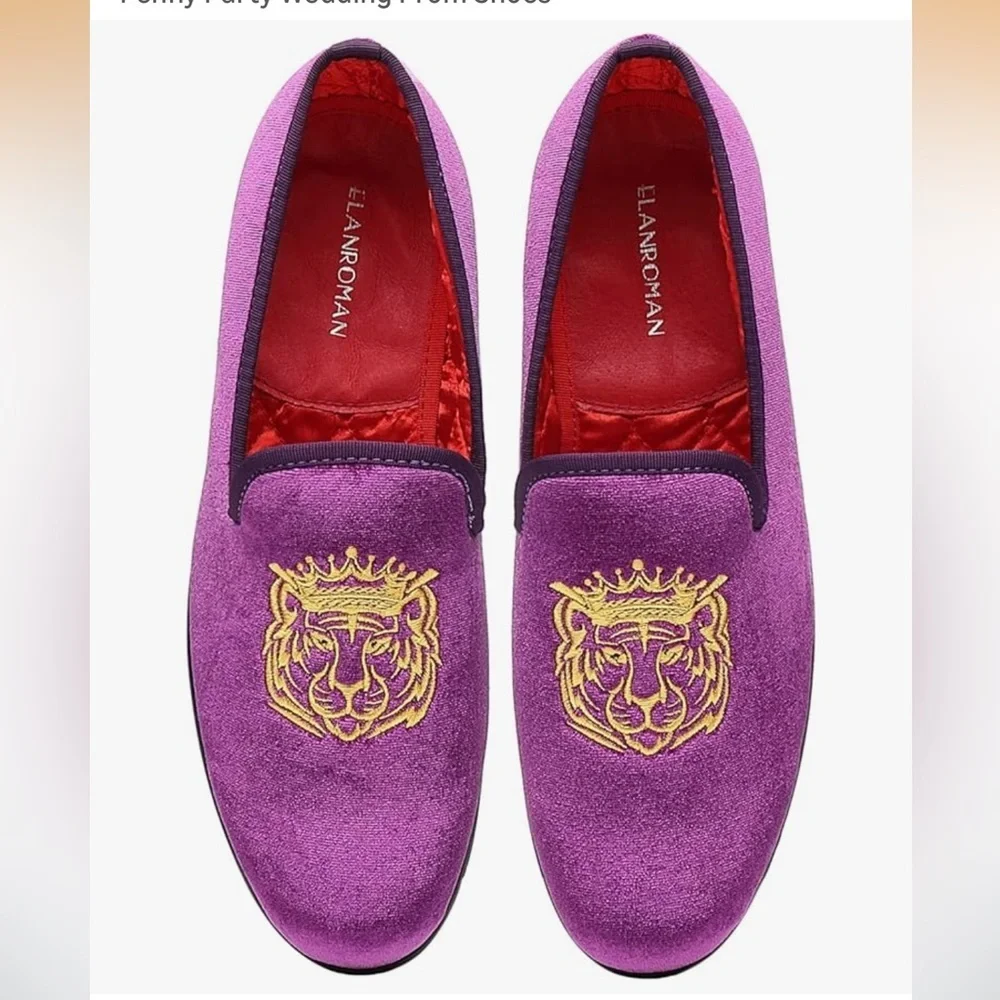 NEW Men's Purple Velvet Embroidered Slip-On Loafers size 15  wedding  prom shoes